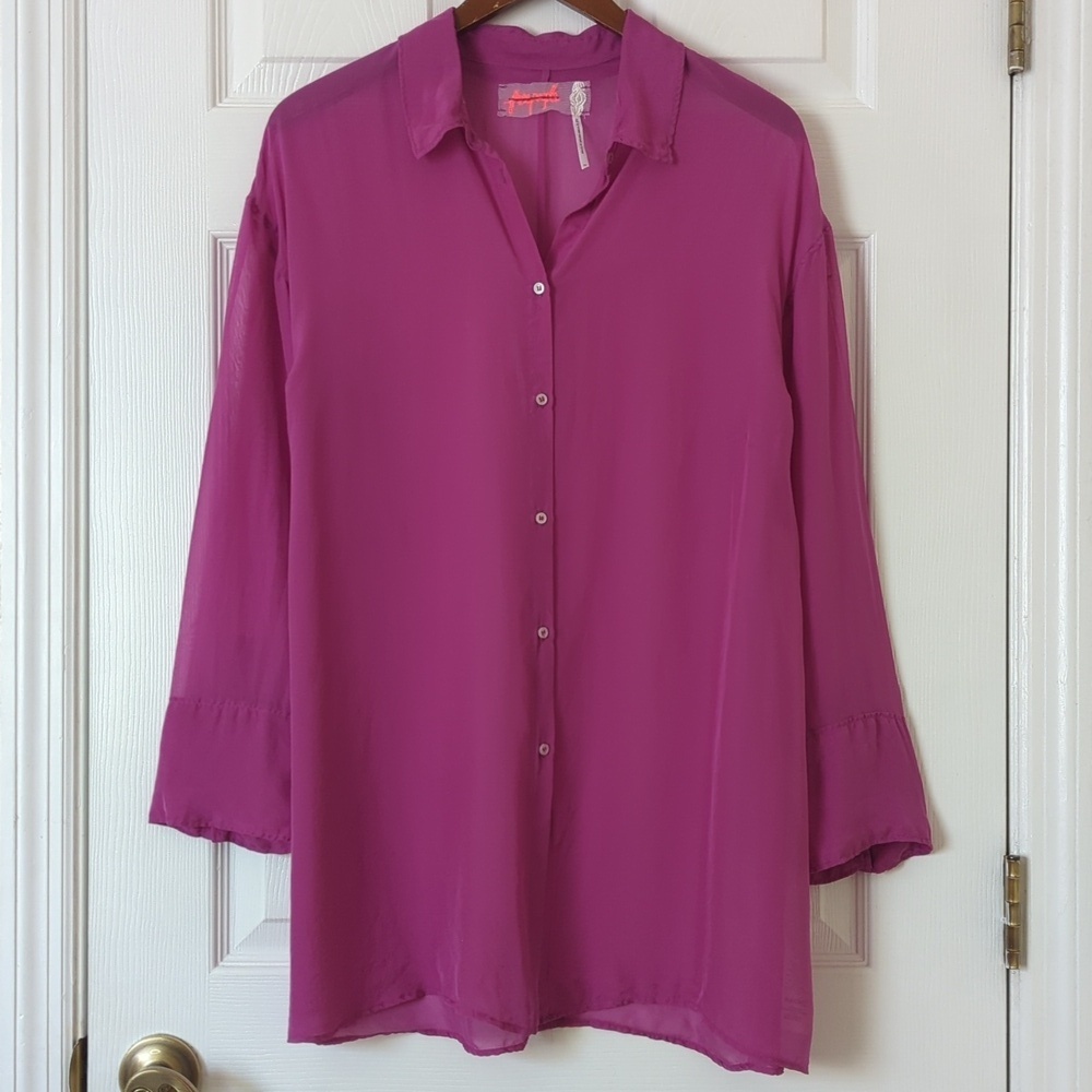 Free People Renata 100% Silk Sheer Long Sleeve Button Down Tunic Lush Viola S